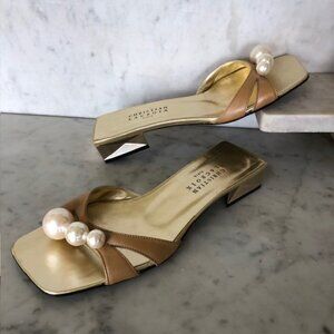 CHRISTIAN LACROIX Faux Pearl Gold Triangle Heel Tan Slide Sandal 5.5